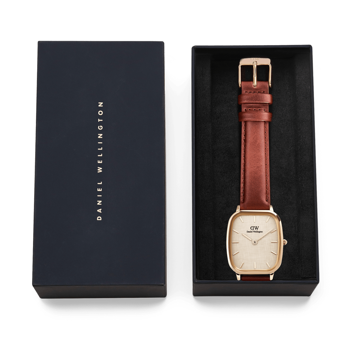 Daniel Wellington Marlon St Mawes Linen Rose Gold with brown leather strap and cushion-shaped case in an elegant gift box.