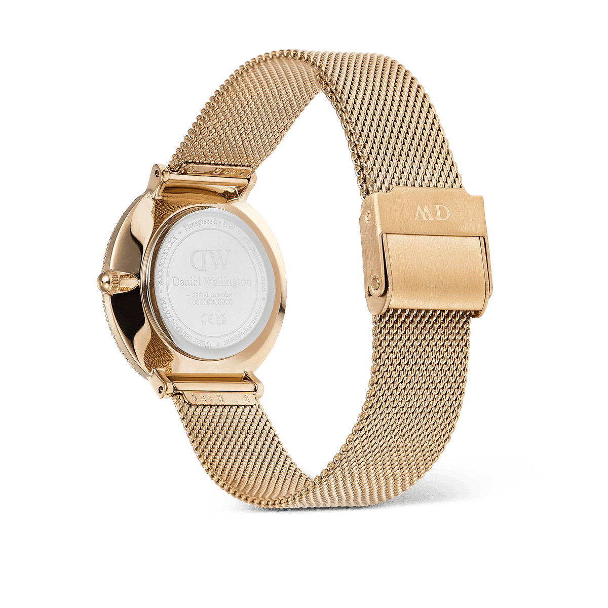 Rear view of the Crystalline Bezel Evergold Green ladies' watch with gold-coloured mesh strap, individually engraved clasp, and high-quality stainless steel case.