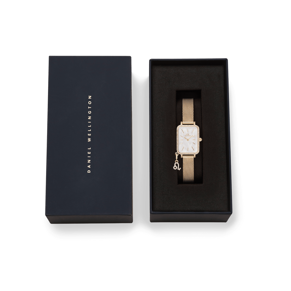 Quadro Crystal Zodiac Evergold women's watch with gold-coloured mesh strap and sparkling charm pendant in an elegant Daniel Wellington gift box.
