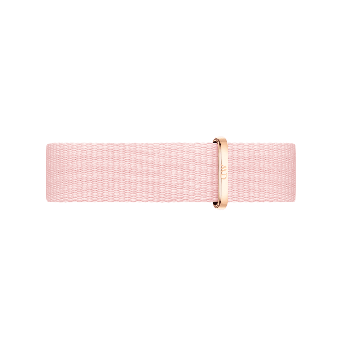 NATO watch strap in delicate pastel pink with a rose gold metal loop and fine, sustainable woven texture.