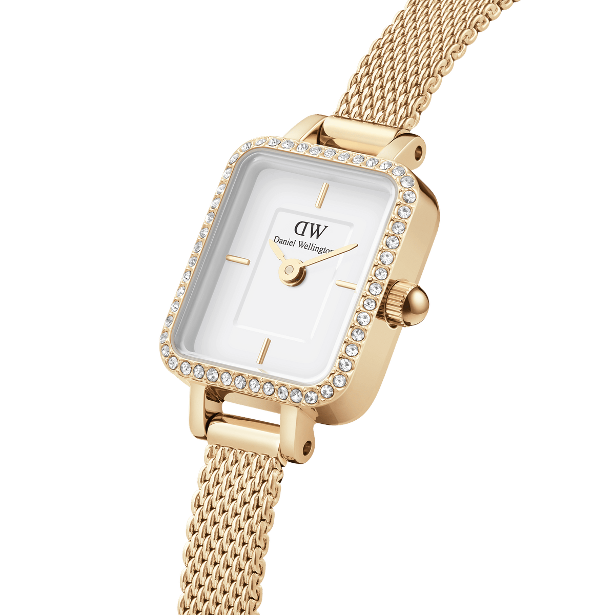 Close-up view of the Quadro Mini Lumine Bezel Gold with a rectangular case, white dial, gold-coloured mesh strap, and sparkling crystals along the case edge.