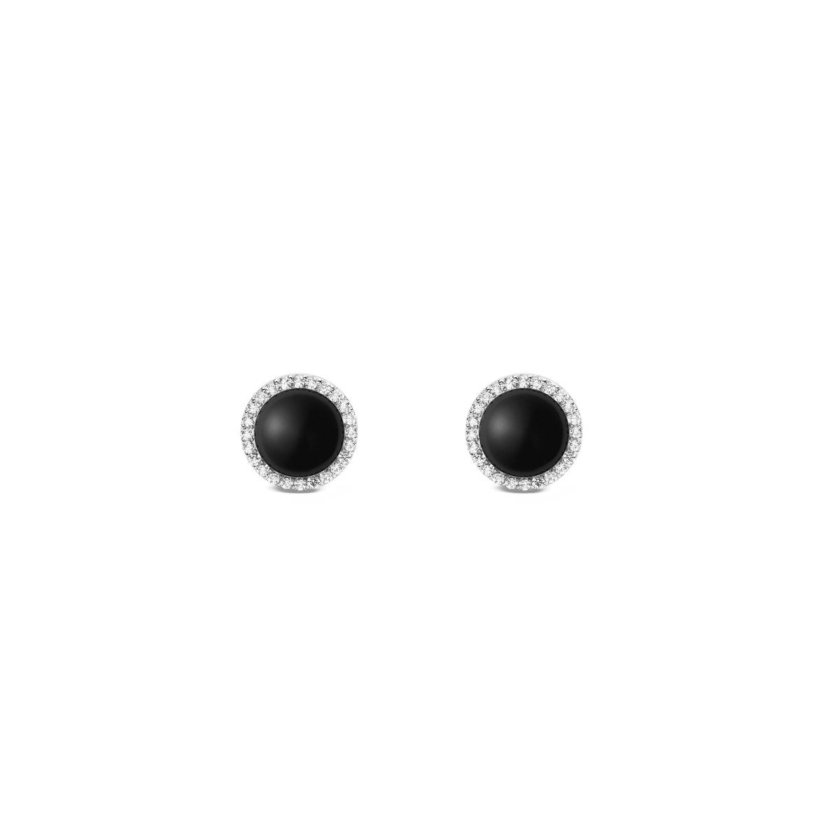 Two elegant stud earrings made of stainless steel with round black agate and a sparkling zirconia crystal border in a silver finish.