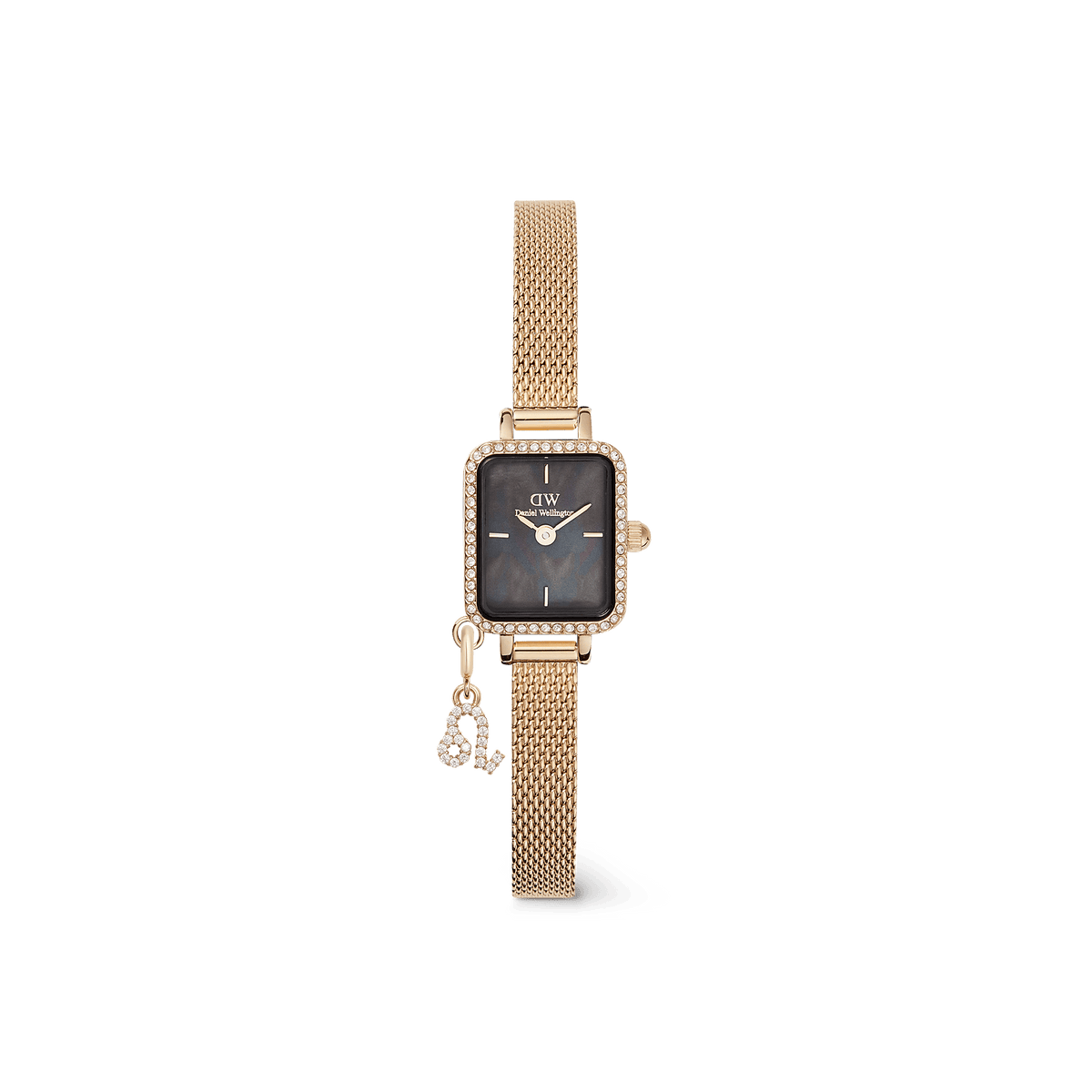 The Quadro Mini Crystal Zodiac Evergold is a gold women's watch with a rectangular case, black mother-of-pearl dial, crystal embellishments, and a sparkling Zodiac charm on the fine mesh strap.