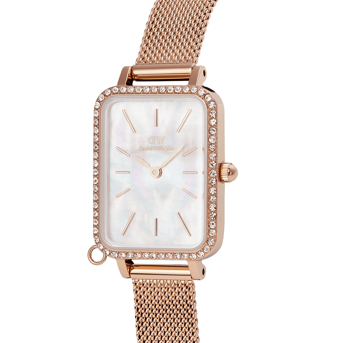 Close-up view of the Quadro Crystal Zodiac Melrose women's watch with a rectangular, crystal-studded case, white mother-of-pearl dial, and fine rose gold mesh strap.