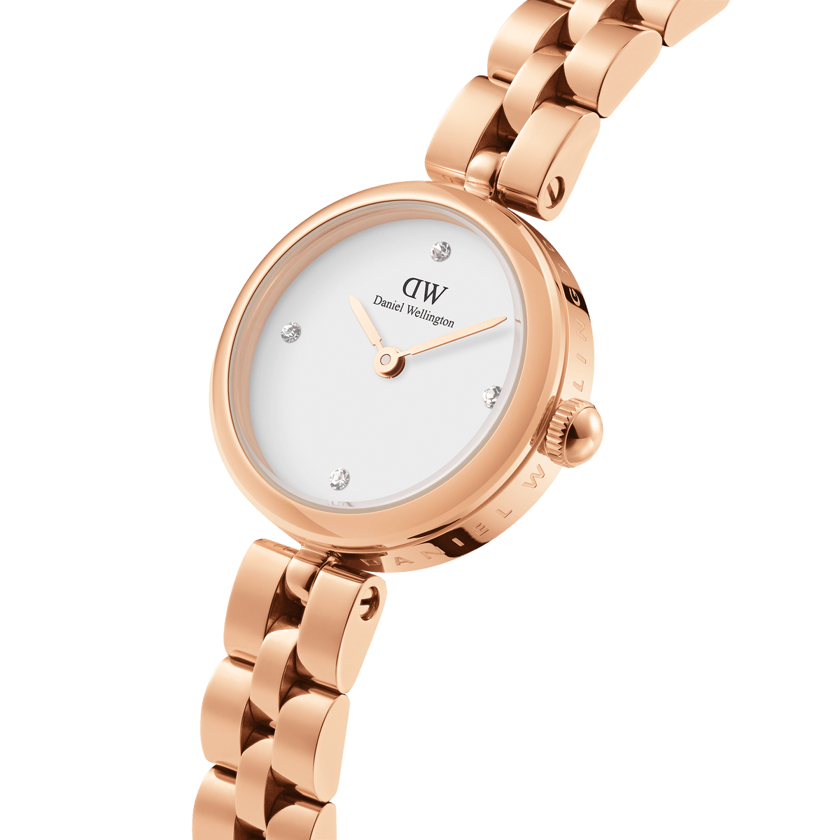 Close-up view of the Elan Lumine Rose Gold women's watch with a round case, white dial, crystal indices and a polished, three-link bracelet in rose gold.