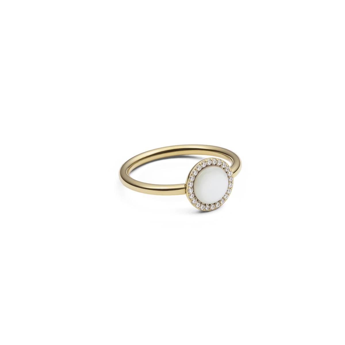 Delicate gold women's ring with round mother-of-pearl and a surrounding setting of white zirconia crystals.