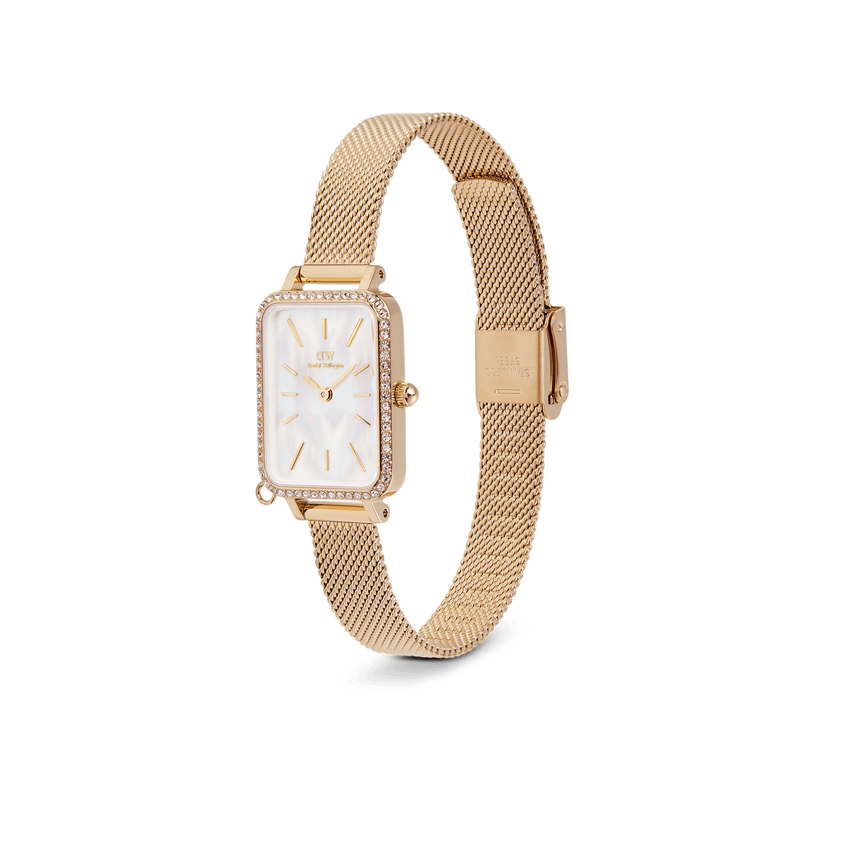 Side view of the Quadro Crystal Zodiac Evergold women's watch with a rectangular case, crystal bezel, white mother-of-pearl dial, and gold-coloured mesh strap.