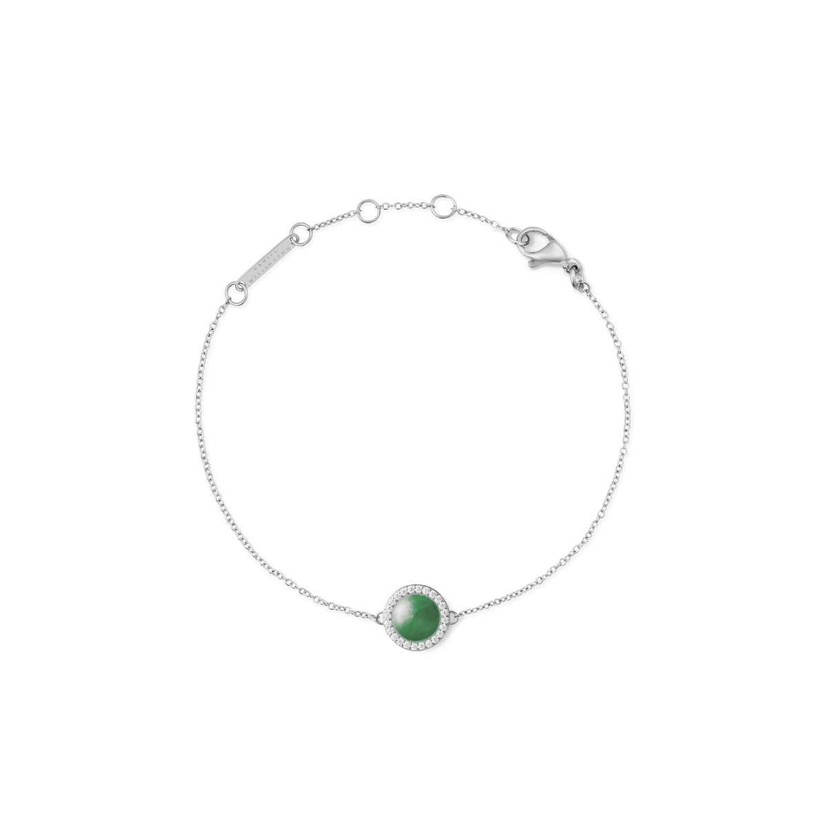Delicate silver bracelet with a round green jade stone as the centrepiece, framed by small white zirconia crystals and a fine link chain.
