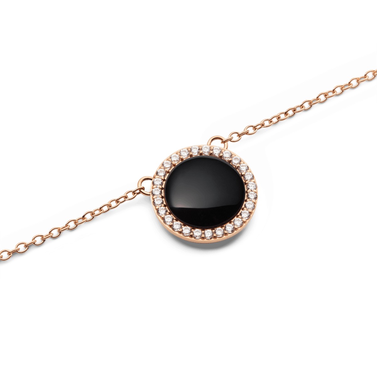 Collar Audrey con colgante circular de ágata negra rodeado de circonitas blancas y acabado en oro rosa sobre fondo blanco