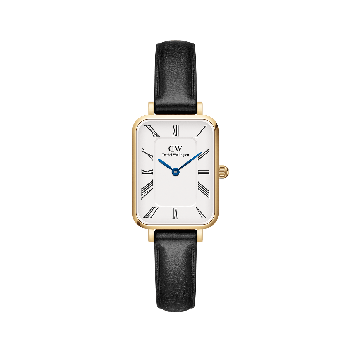 Elegant women's watch with a rectangular gold-coloured case, white dial with Roman numerals, blue hands and a black leather strap.