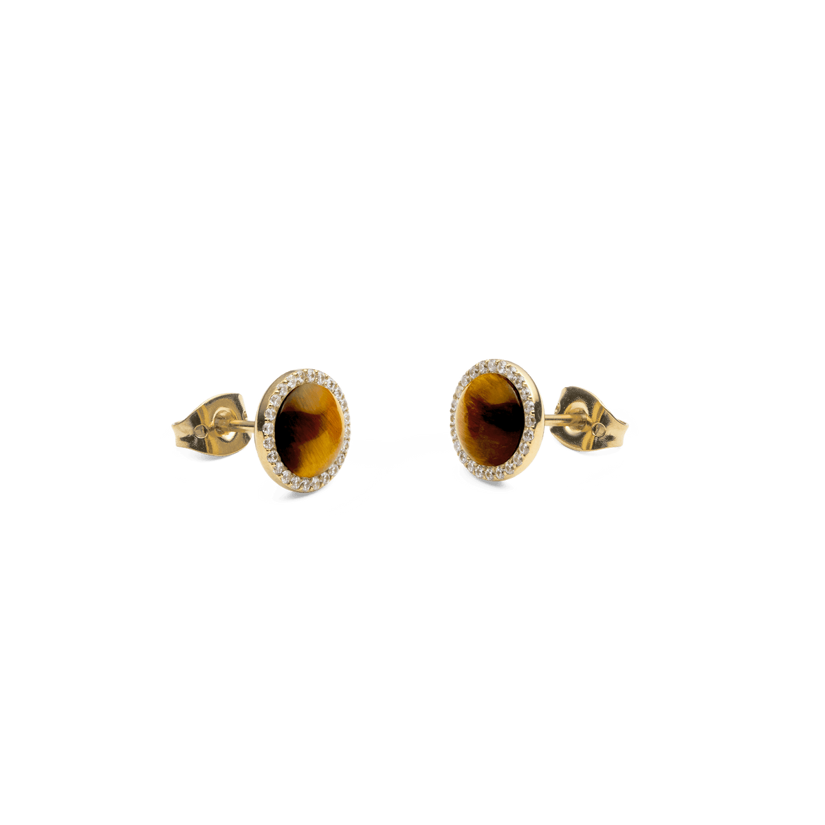 Gold Audrey stud earrings with round tiger's eye gemstone and a fine border of white cubic zirconia crystals, shown from the side.