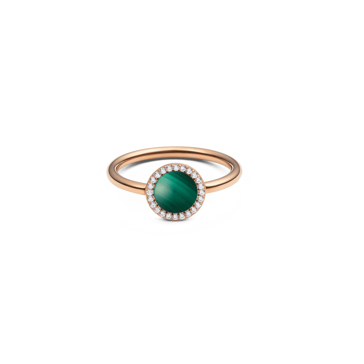 Elegant women's ring made of rose gold with a round green malachite centrepiece, surrounded by a delicate row of white cubic zirconia crystals.