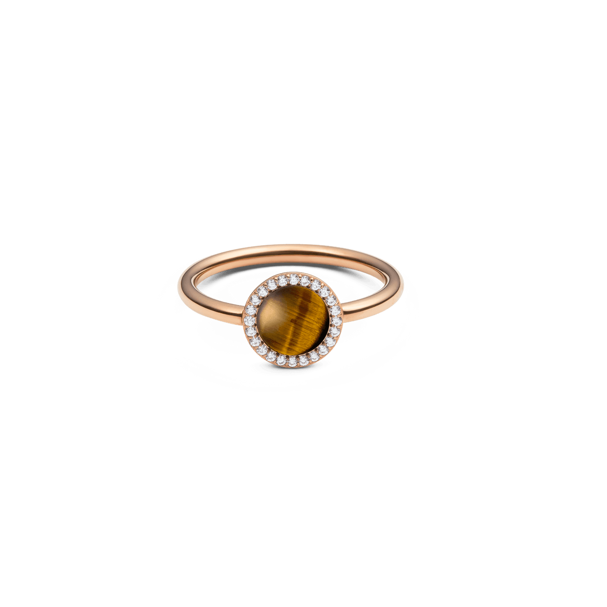 El anillo Audrey Ring Tiger Eye Rose Gold presenta una piedra de ojo de tigre natural en tonos marrones y dorados, rodeada por un halo de circonitas blancas sobre un aro fino de acero inoxidable con acabado oro rosa.