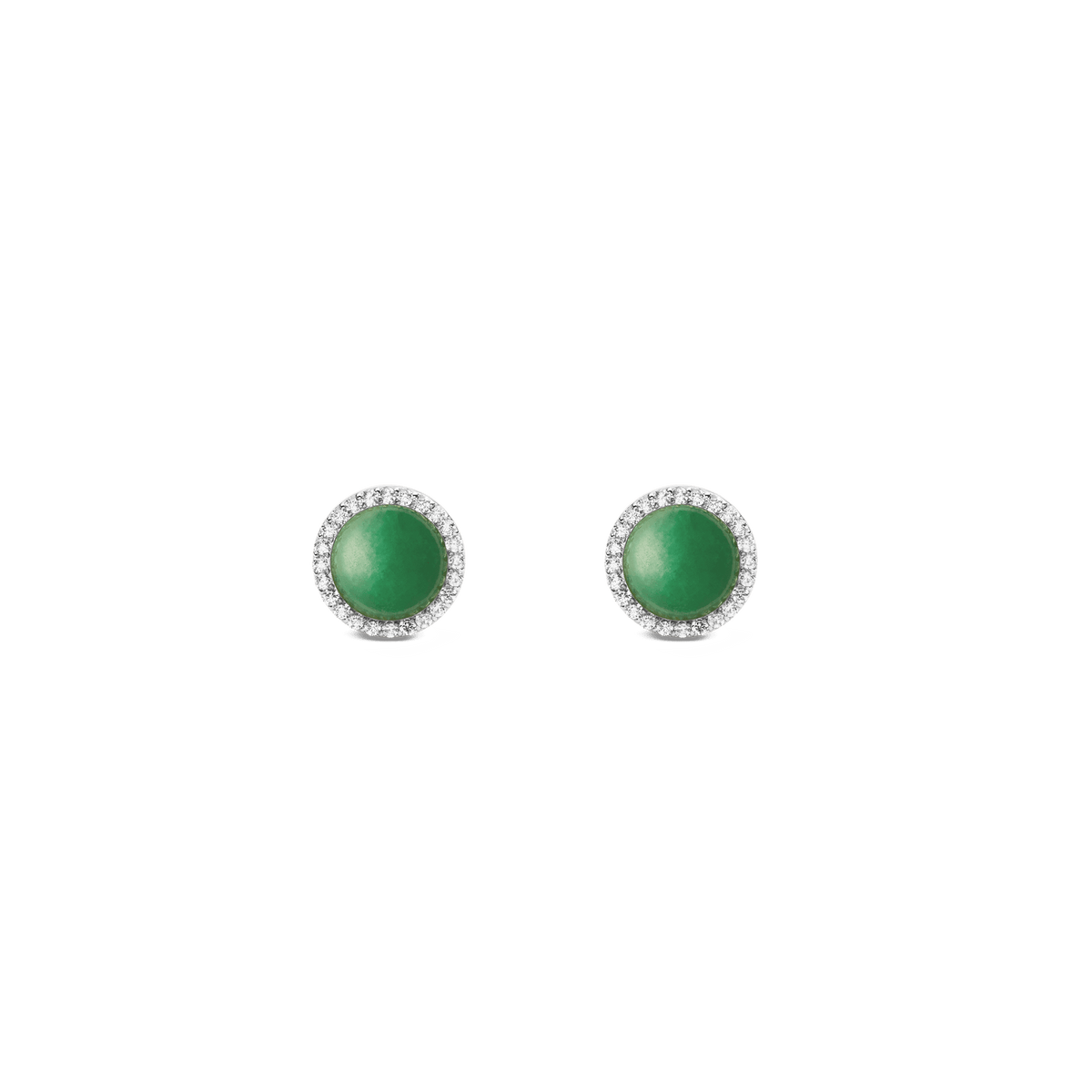Two round silver earrings with green jade stones and a fine zirconia crystal border, designed in a minimalist and elegant style.