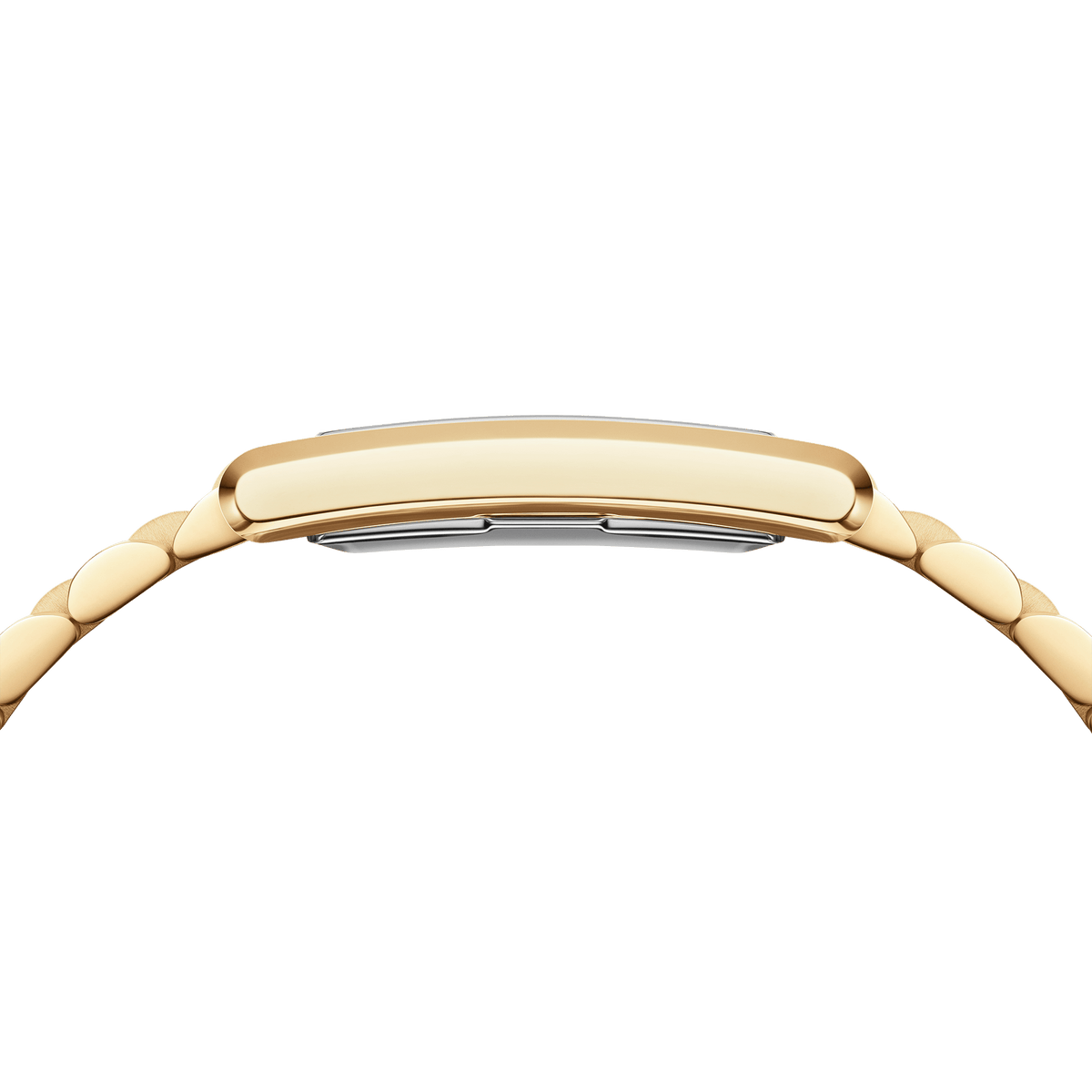 Side profile view of the Bound 3-Link Gold ladies' watch with a slim, rectangular case and gold-coloured stainless steel bracelet.