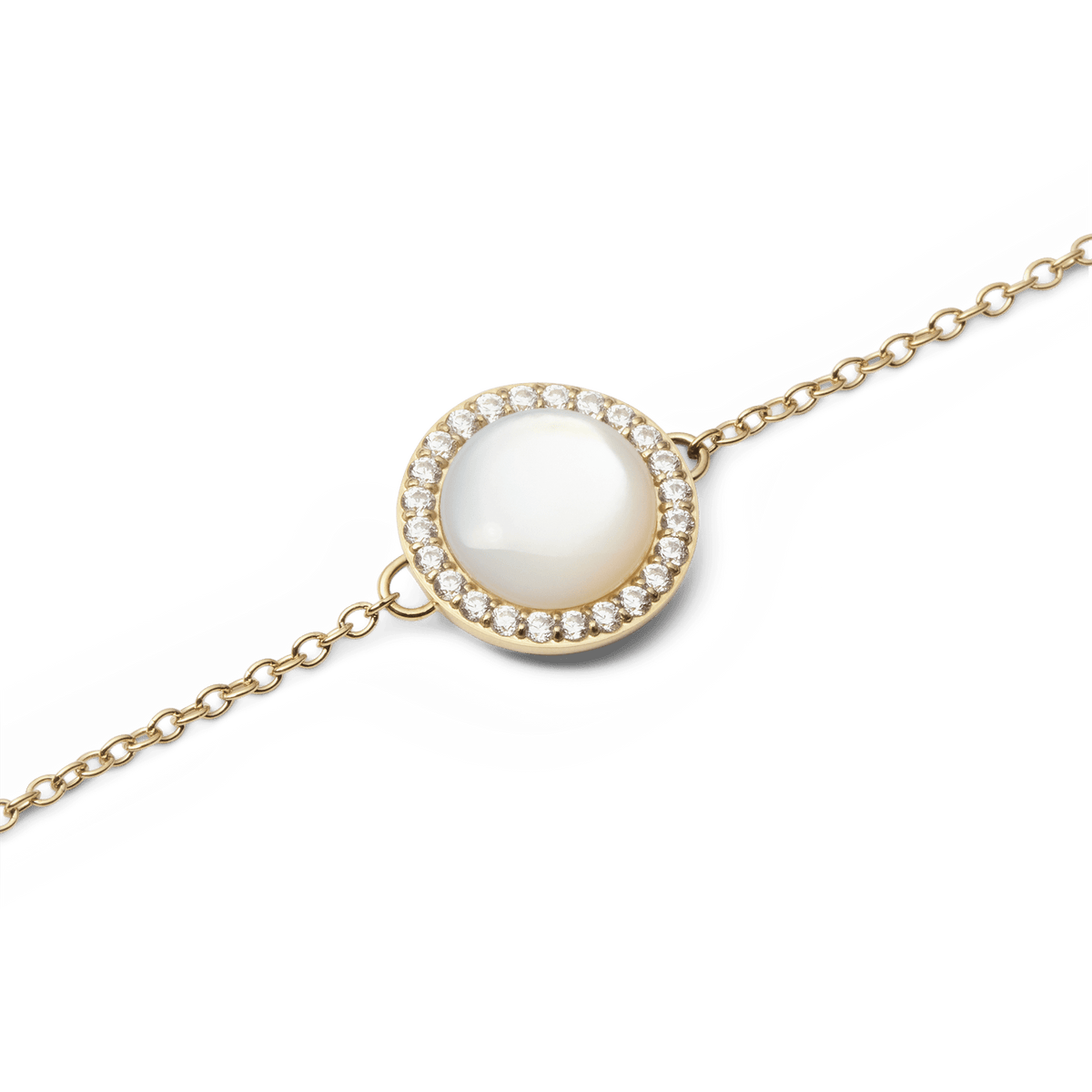 Close-up of a gold-coloured bracelet with a round mother-of-pearl pendant, surrounded by a delicate row of sparkling white zirconia crystals.