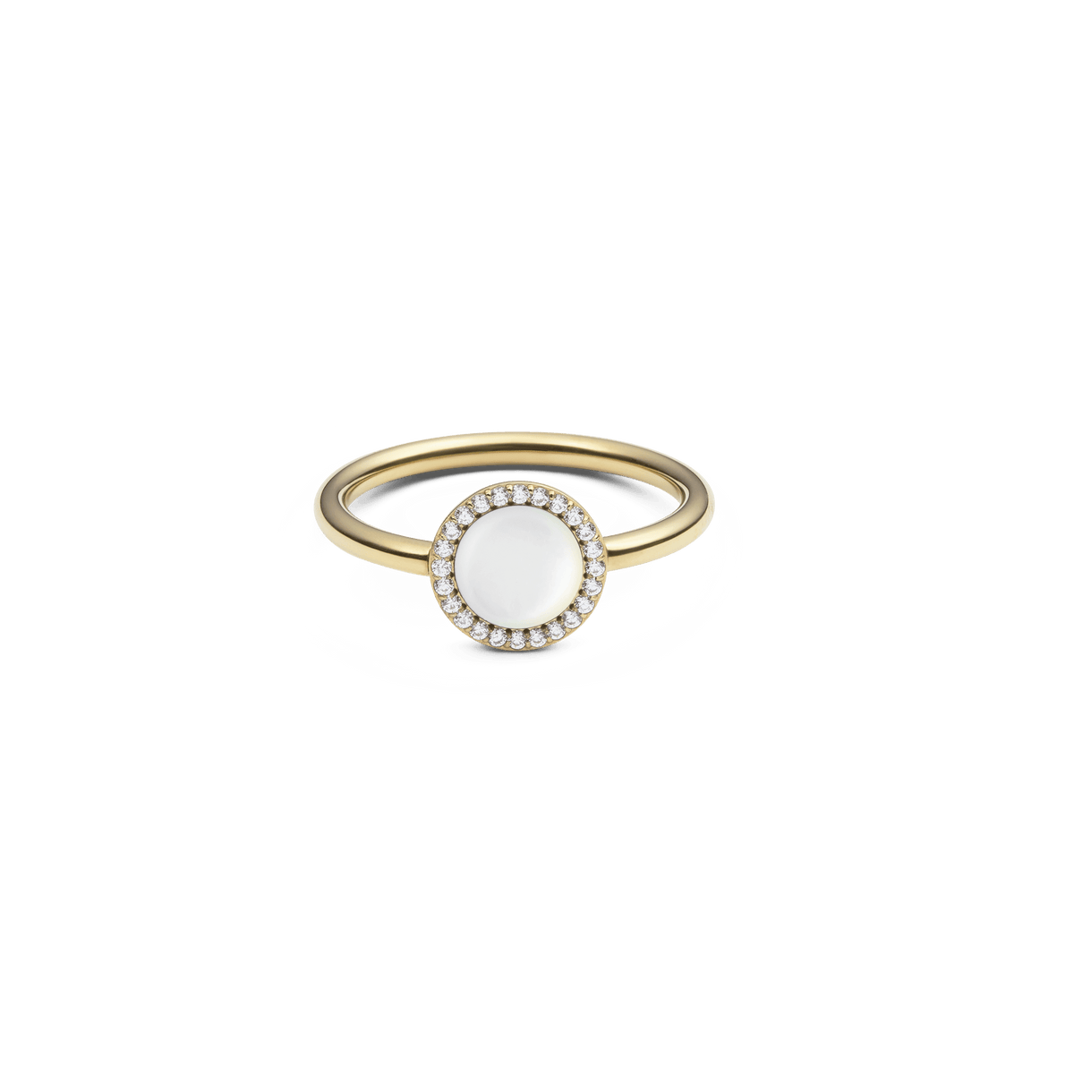 Delicate gold-coloured women's ring with a round mother-of-pearl and a continuous row of sparkling white crystals.
