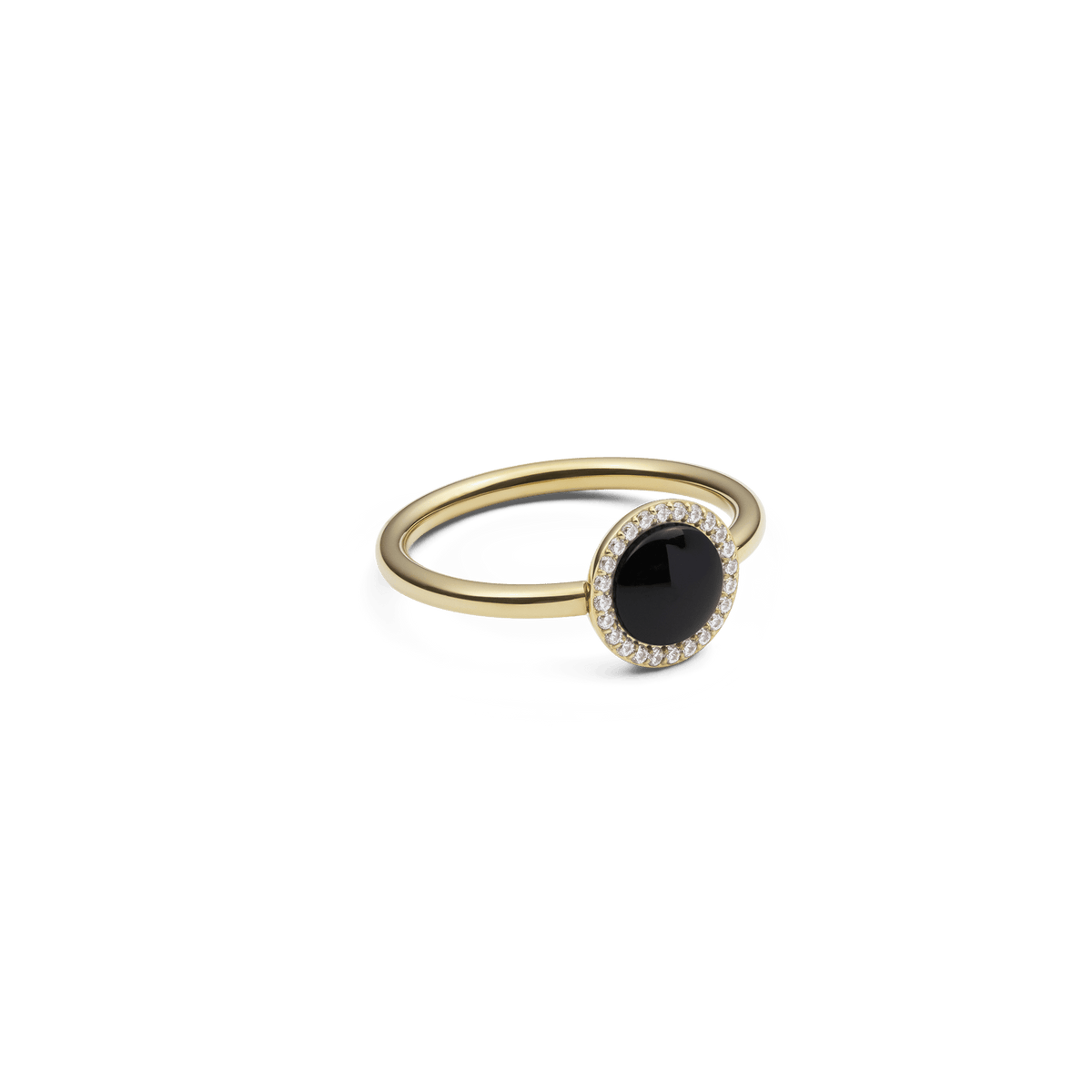 Golden women's ring with a round black agate as a striking centrepiece, framed by sparkling white cubic zirconia crystals.