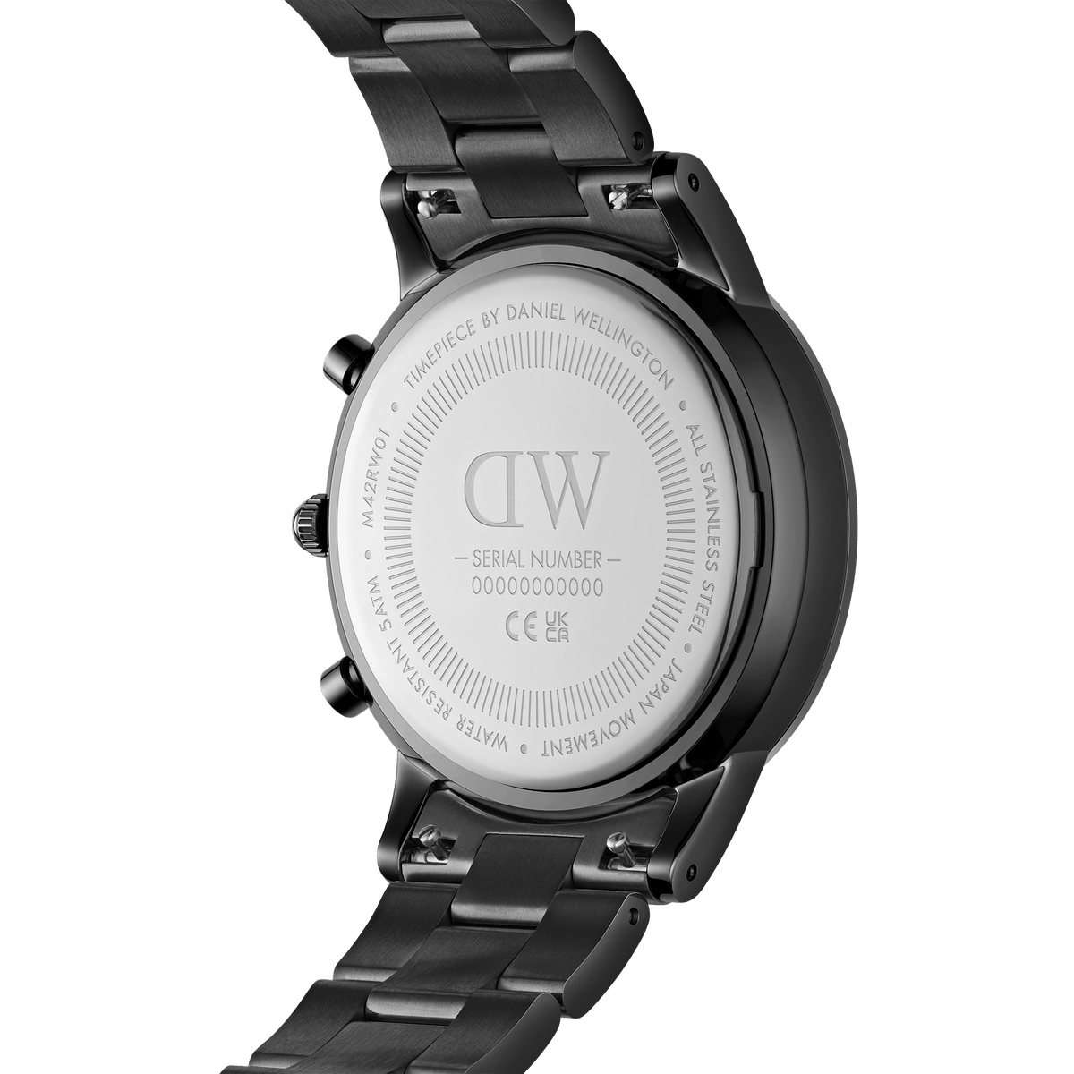 Back of the Iconic Chronograph Link Onyx B with engraved Daniel Wellington logo, stainless steel case, and black link strap.