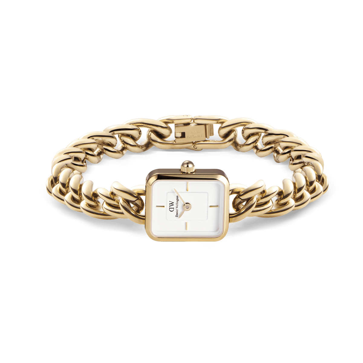 Gold women's watch Jolie Chain Gold with a rectangular white dial and solid stainless steel chain bracelet, presented open with the fold-over clasp visible.