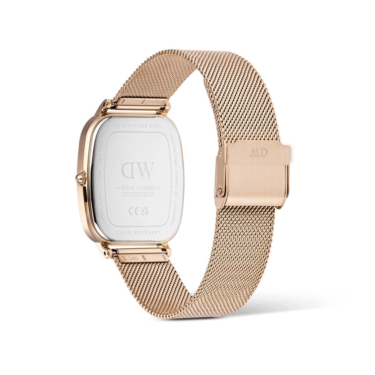 Fondo dell'orologio Marlon in acciaio inossidabile con incisioni decorative, dotato di connettori a molla per cinturini intercambiabili e chiusura a maglia milanese in oro rosa.