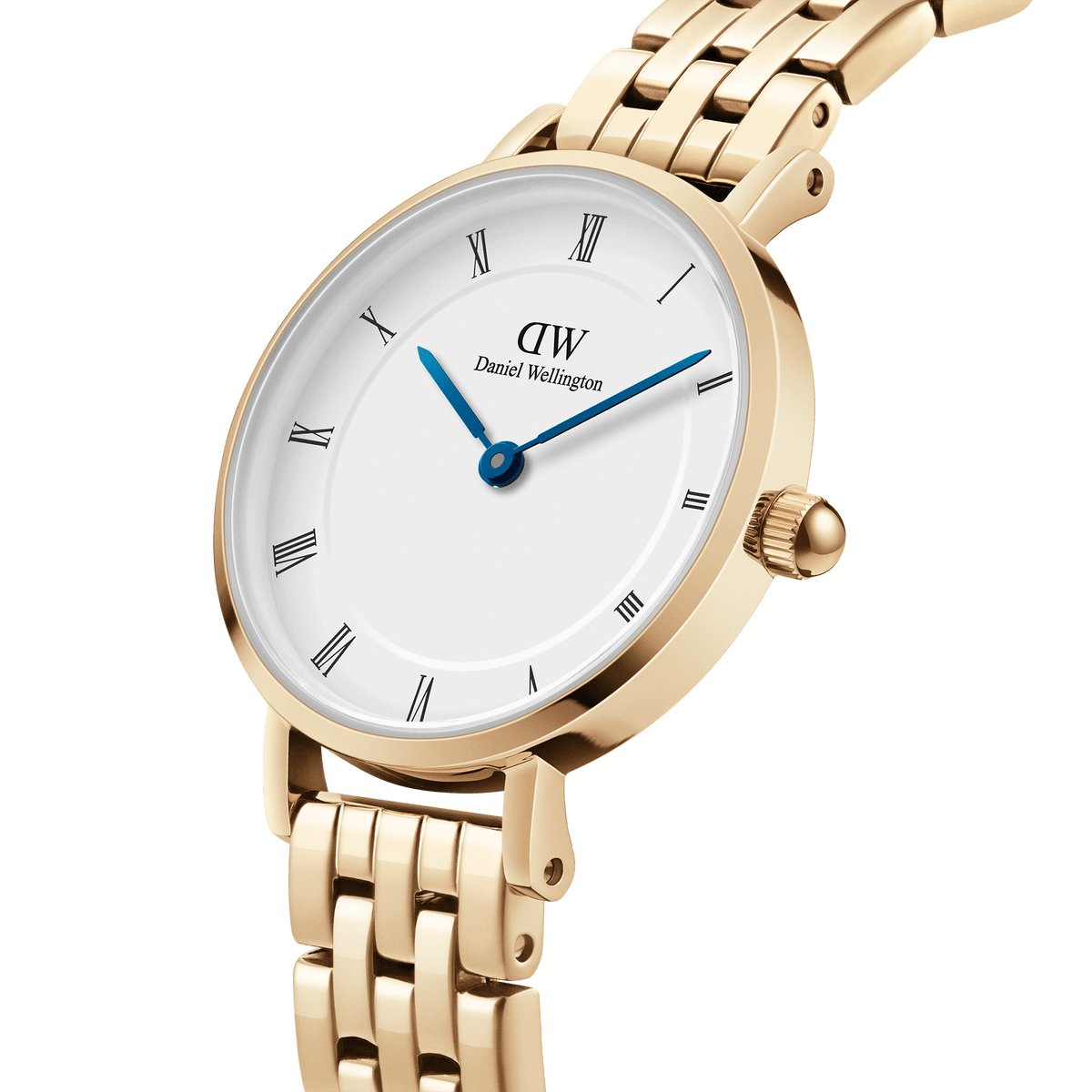 Close-up view of the gold women's watch Petite Roman Numerals 5-Link with white dial, Roman numerals and striking blue hands.