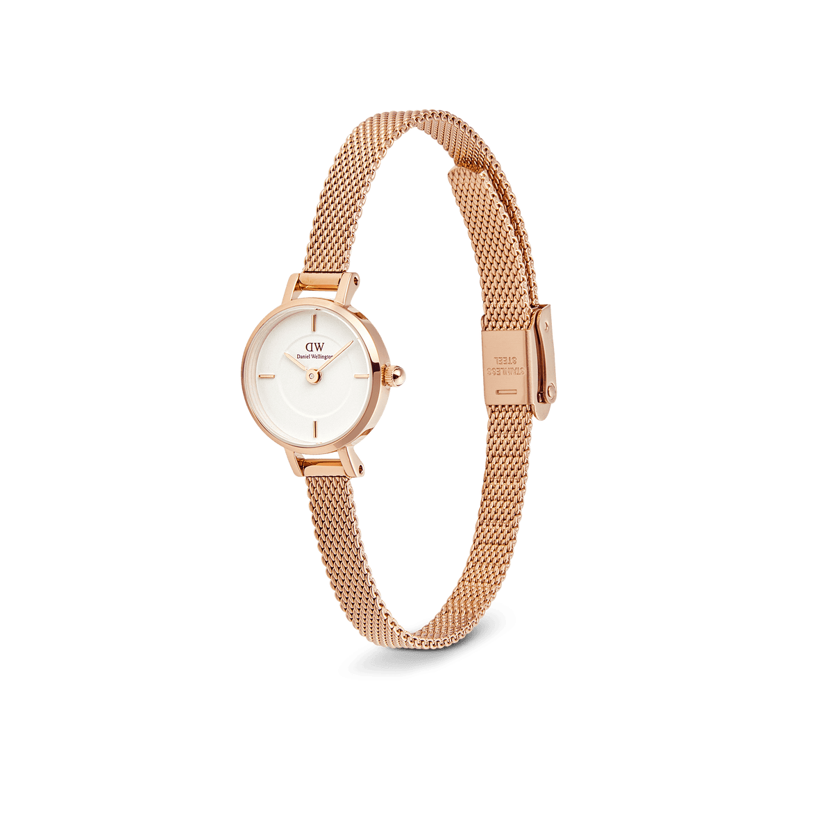Petite Mini Melrose women's watch with a round 19 mm case in rose gold, white dial, and delicate, adjustable stainless steel mesh strap in a side view.
