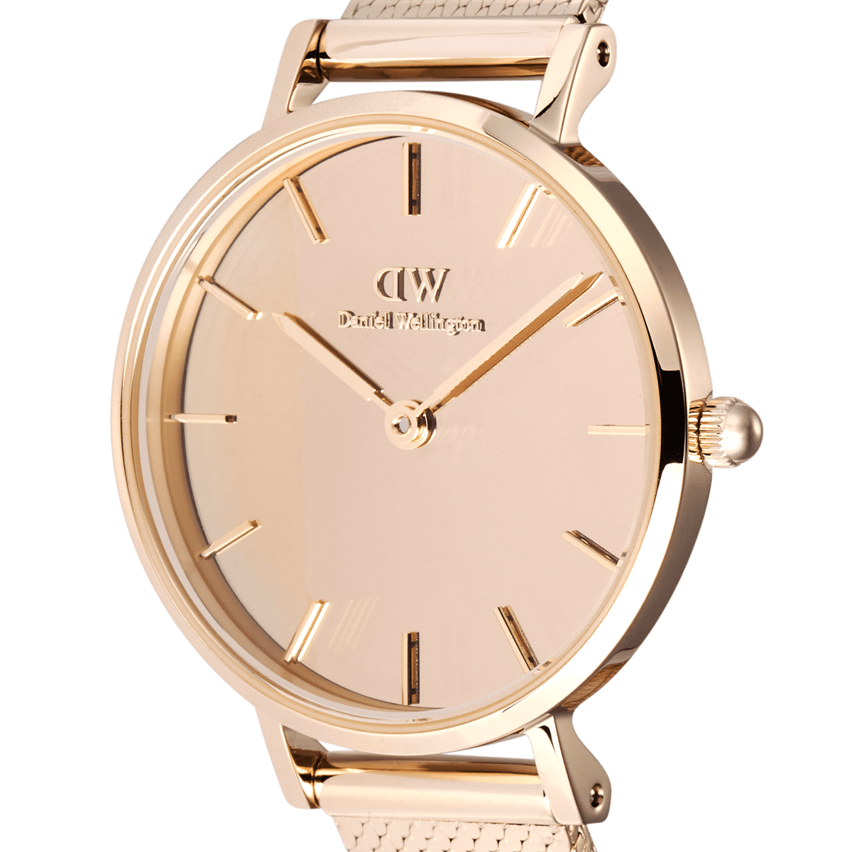 Close-up view of the Petite Reflection Rose Gold women's watch with a mirrored dial, slim case, and minimalist rose gold indices.