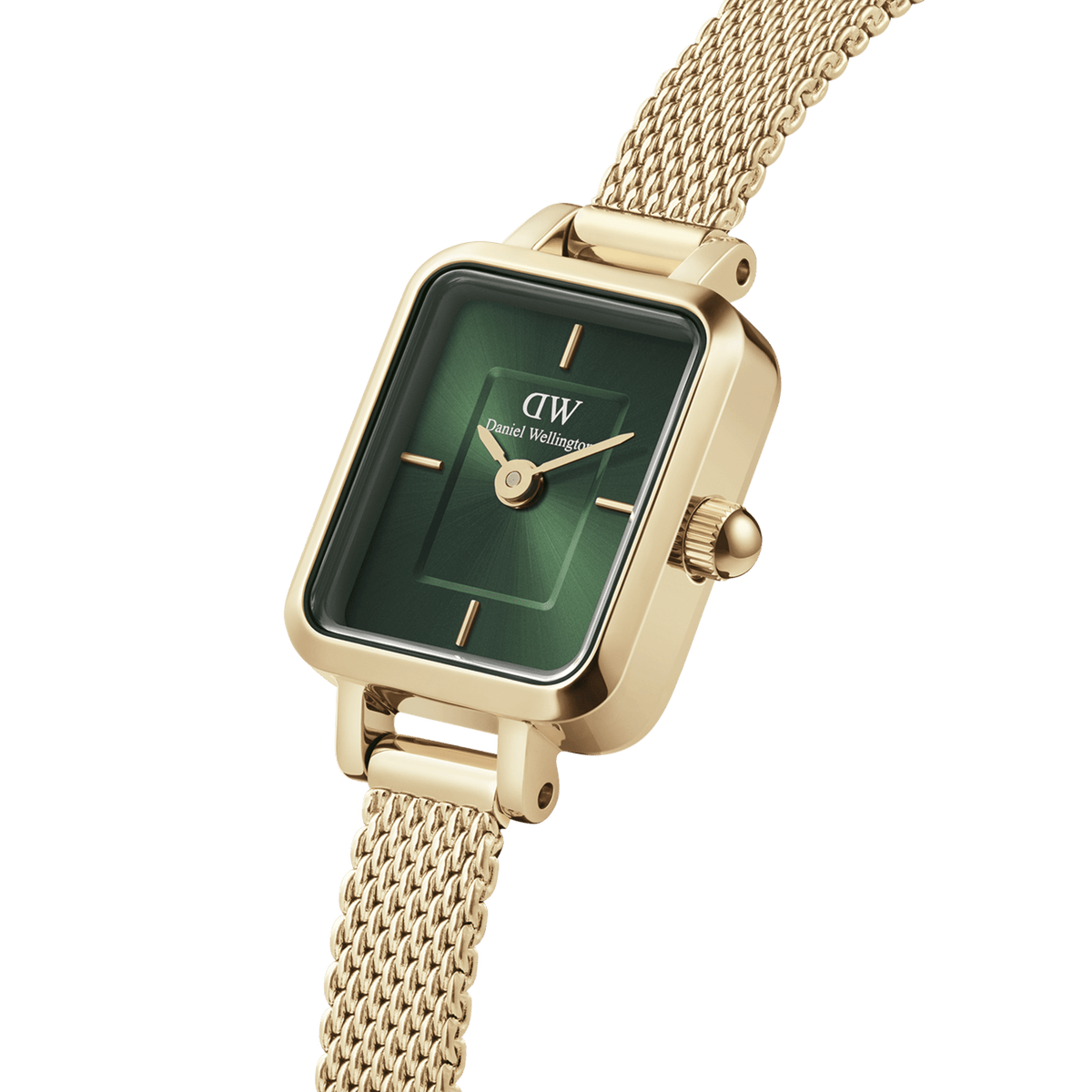 Close-up view of the Quadro Mini Evergold Emerald women's watch with a rectangular gold-coloured case, emerald green sunray dial, and fine mesh strap.