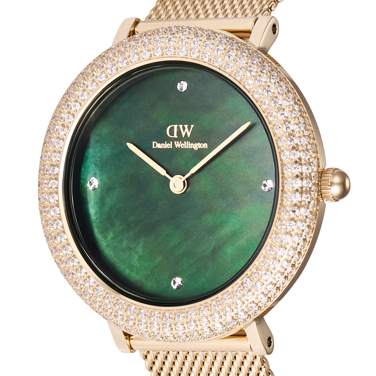 Close-up view of the Crystalline Bezel Evergold Green ladies' watch with green mother-of-pearl dial, gold-coloured case, and sparkling zirconia bezel.