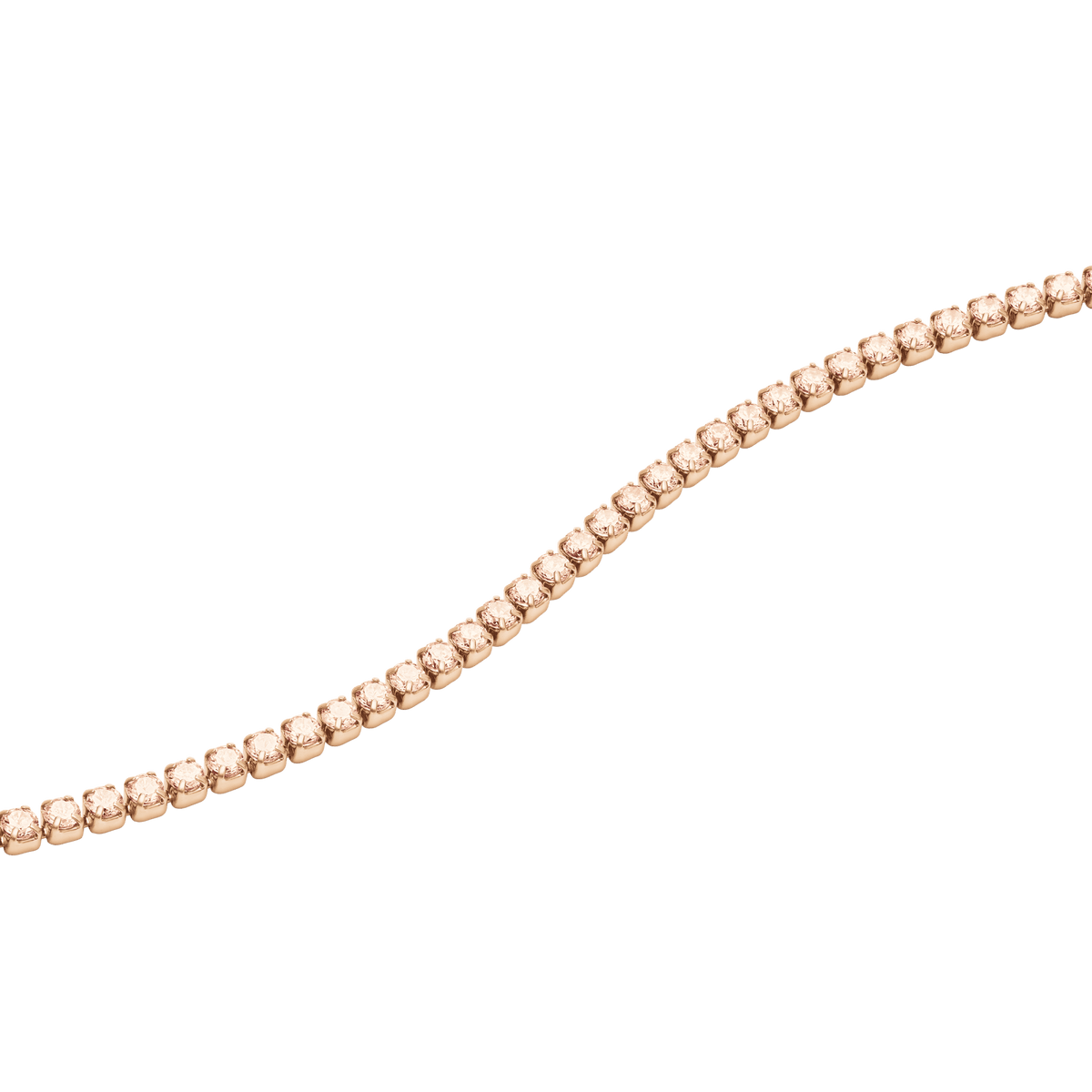 Dettaglio ravvicinato di un bracciale tennis in acciaio inossidabile con placcatura in oro rosa e zirconi cubici color pesca da 2 mm, disposti in fila continua.