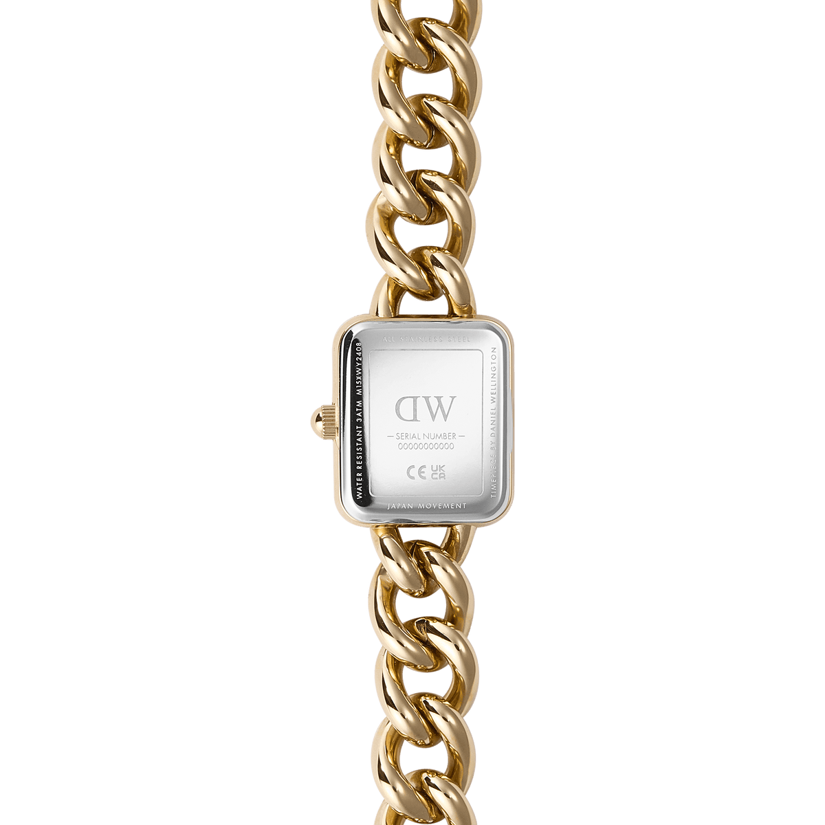 Rear view of the Jolie Chain Gold women's watch with a gold-coloured chain bracelet and engraved case back.