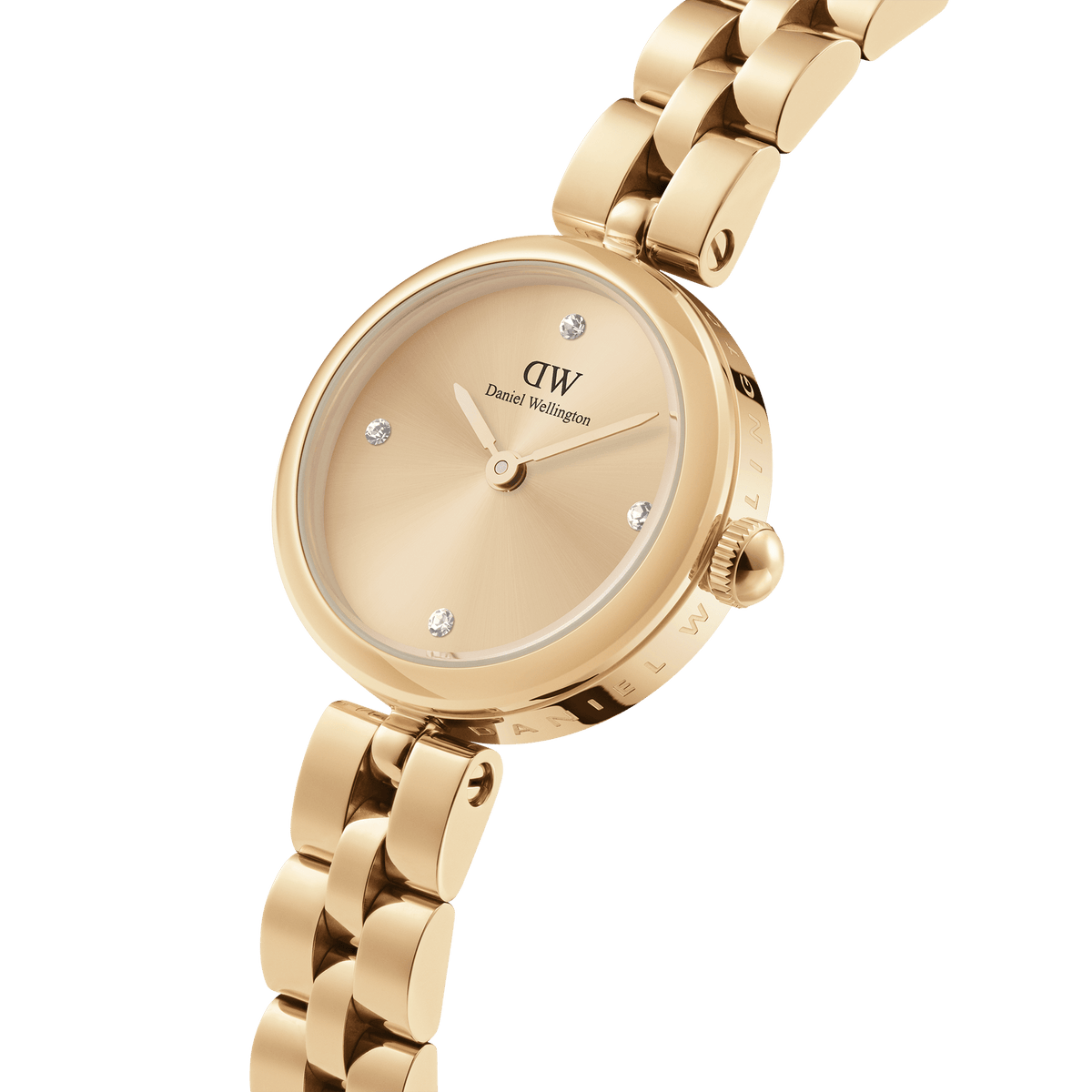Close-up of the Elan Lumine Unitone Gold women's watch with gold-coloured dial, four crystal indices and shiny 3-link stainless steel bracelet.