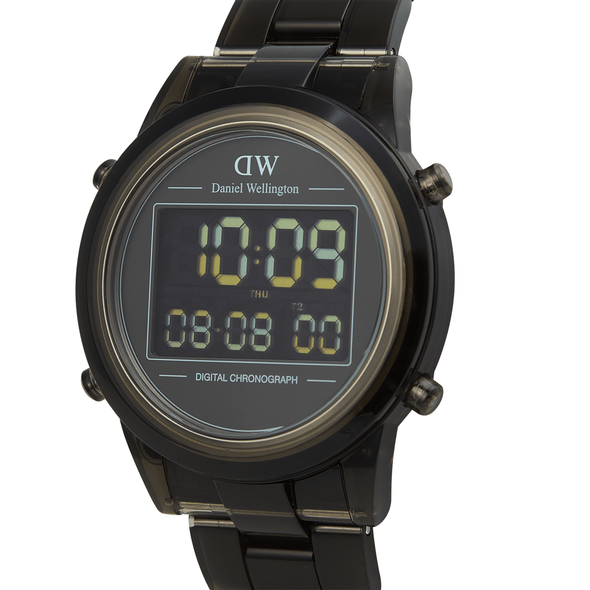 Dettaglio ravvicinato del quadrante nero dell'orologio **Retro Digital Dark Grey**, dotato di display digitale a 10 cifre, funzione cronografo e cassa in plastica bio-based trasparente grigio scuro.
