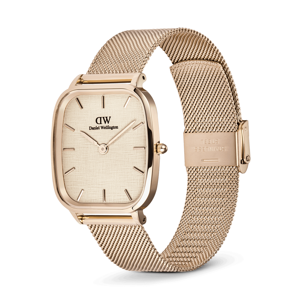 Vista laterale dell'orologio **Marlon Melrose Linen** che mostra la chiusura regolabile del bracciale in maglia milanese color oro rosa e il profilo della cassa a cuscino in acciaio inossidabile.