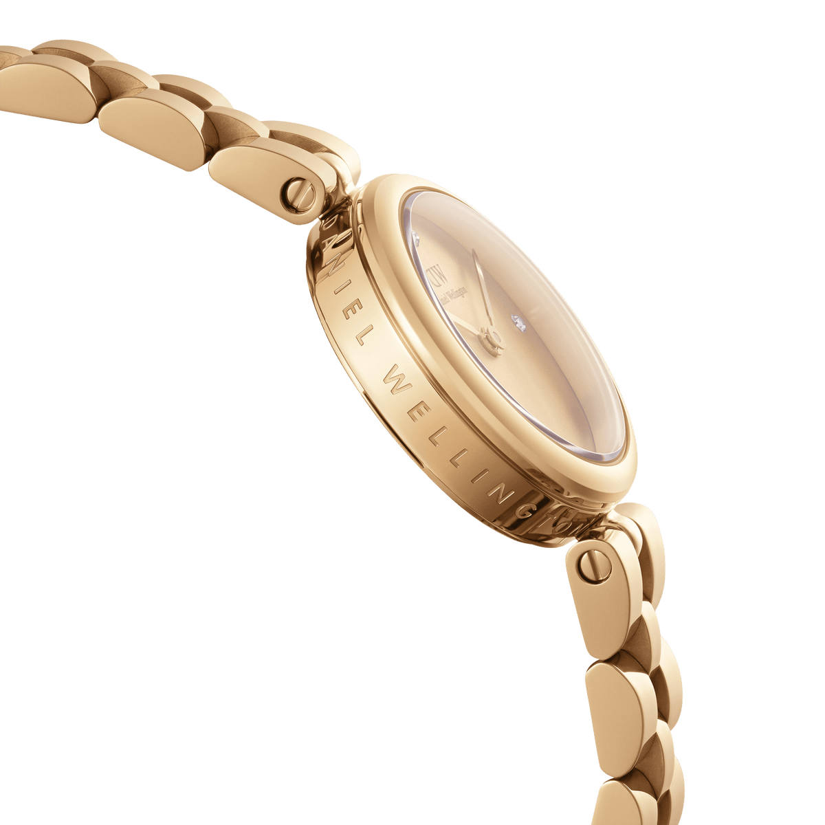 Close-up view of the Elan Lumine Unitone Gold women's watch with engraved case edge, gold-coloured dial and delicate 3-link bracelet.