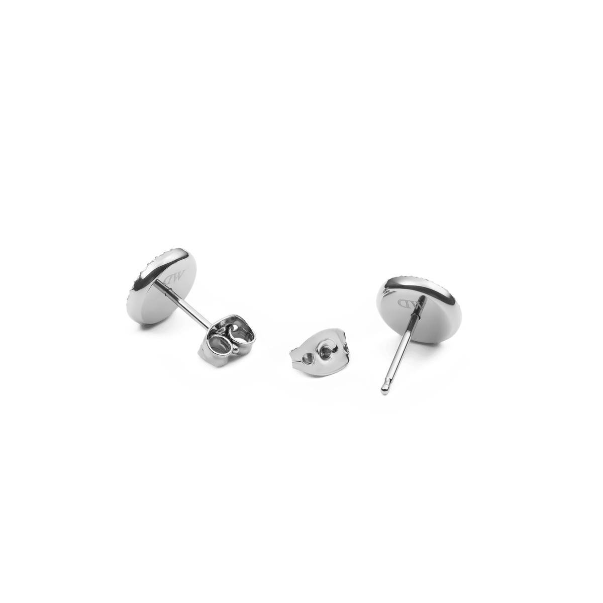 Back view of the Audrey stud earrings made of stainless steel with a silver finish and classic butterfly fastenings.