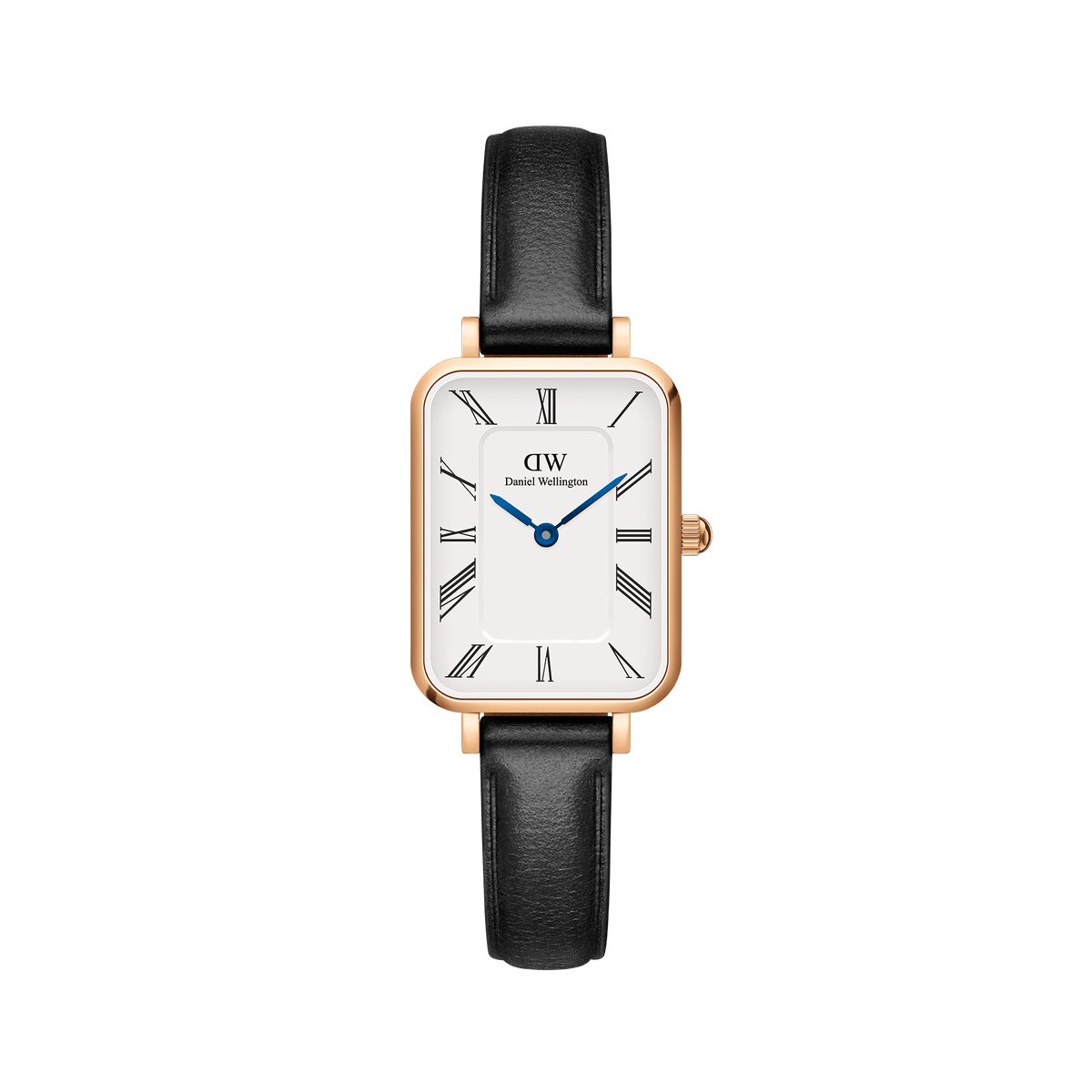 Elegant women's watch with a rectangular rose gold case, white dial with Roman numerals, blue hands and a black leather strap.