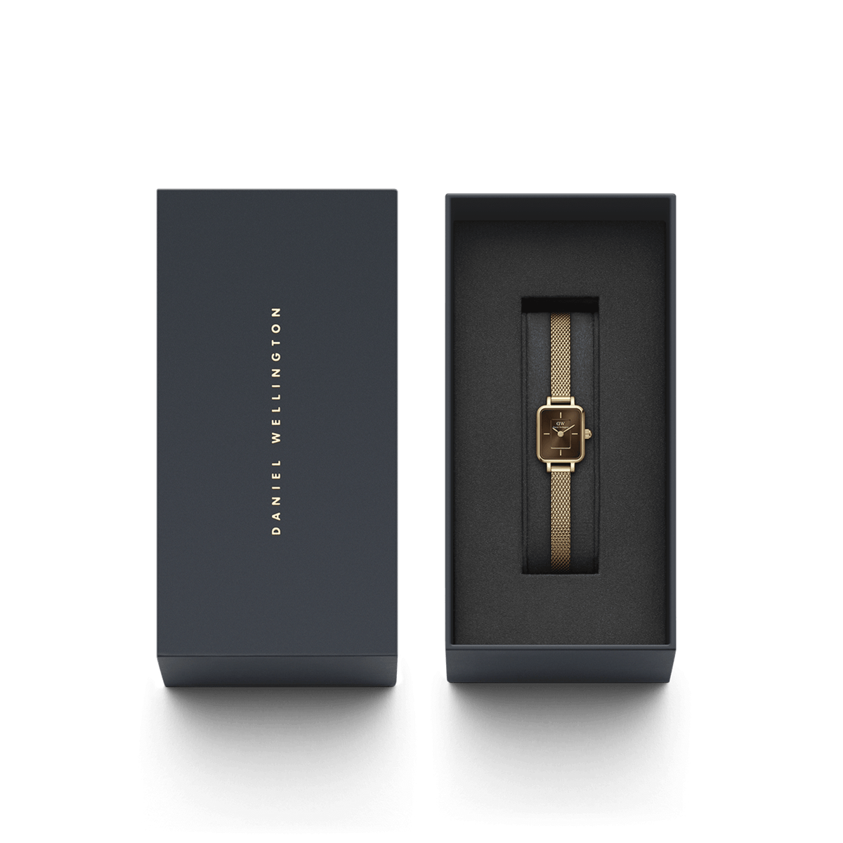 Quadro Mini Evergold Amber women's watch with gold-coloured mesh strap in an elegant Daniel Wellington gift box.