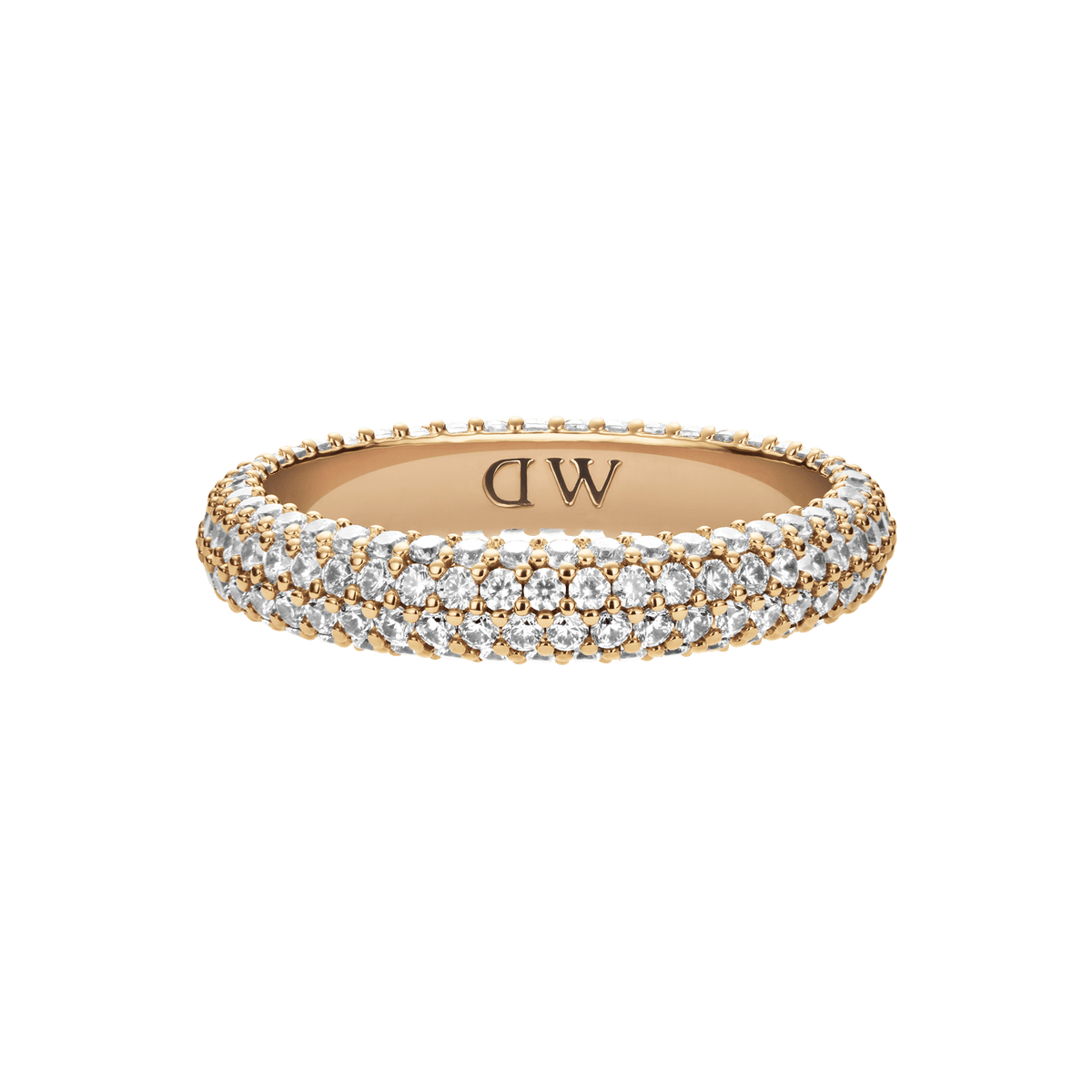 Slim gold ring with three rows of sparkling pavé crystals and a subtle DW engraving on the inside.