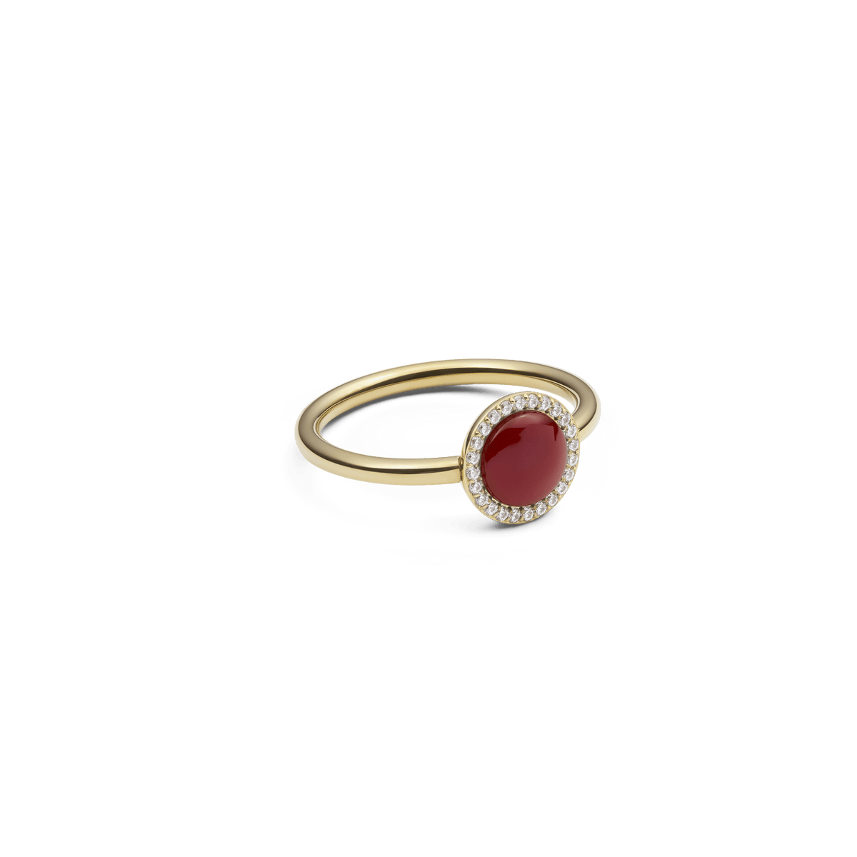 Delicate ladies' ring made of gold-coloured stainless steel with a round red agate centre stone, framed by sparkling white zirconia crystals.