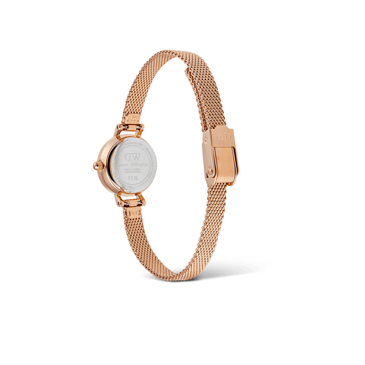 Rear view of the Petite Mini Melrose women's watch with rose gold stainless steel mesh strap, safety clasp, and engraved case back.