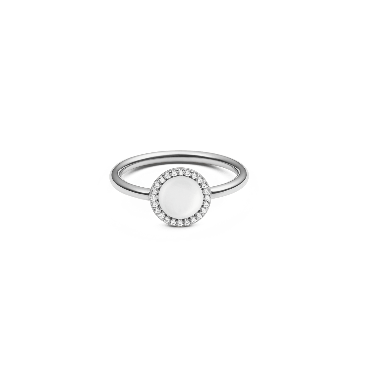 Silver ladies' ring with a round mother-of-pearl centre and surrounding white zirconia crystals on a simple, delicate band.