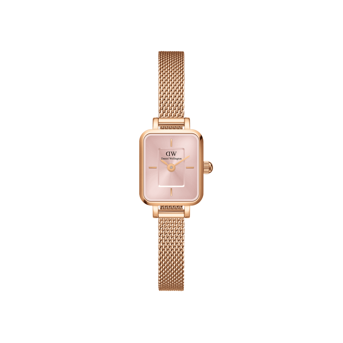 Elegant women's watch with a rectangular case in rose gold, delicate blush sunray dial, and fine stainless steel mesh strap.