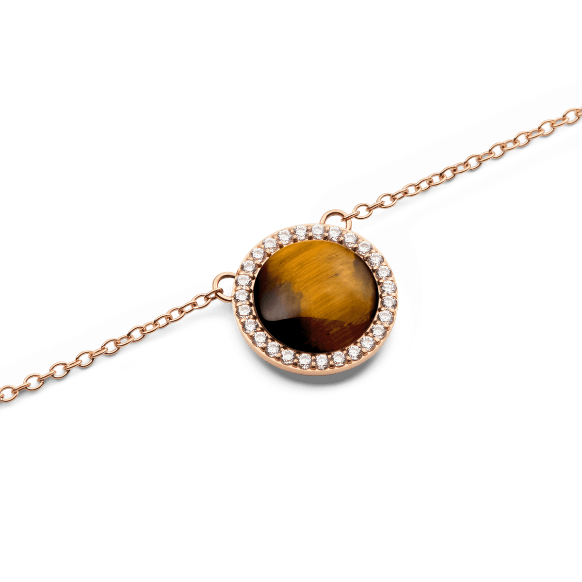 Close-up view of a round tiger’s eye pendant in rose gold, surrounded by sparkling white cubic zirconia crystals on a delicate chain.