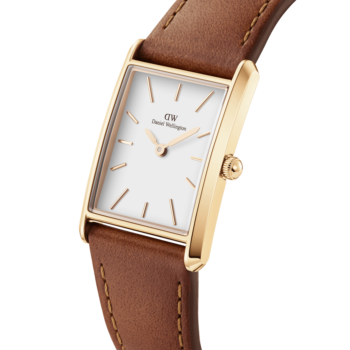 Close-up view of the Bound Durham Gold ladies' watch with a rectangular gold-coloured stainless steel case, white dial, and light brown leather strap with crocodile embossing.