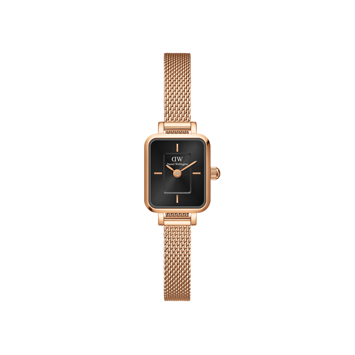 Rectangular ladies' watch with black onyx dial, rose gold stainless steel case and fine mesh strap.