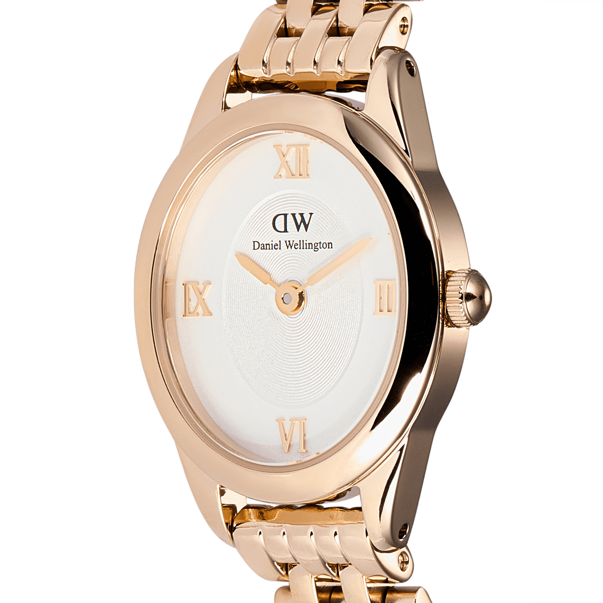 Close-up view of the Ophelia Mini ladies' watch in rose gold with an oval case, white dial, Roman numerals, and polished stainless steel bracelet.