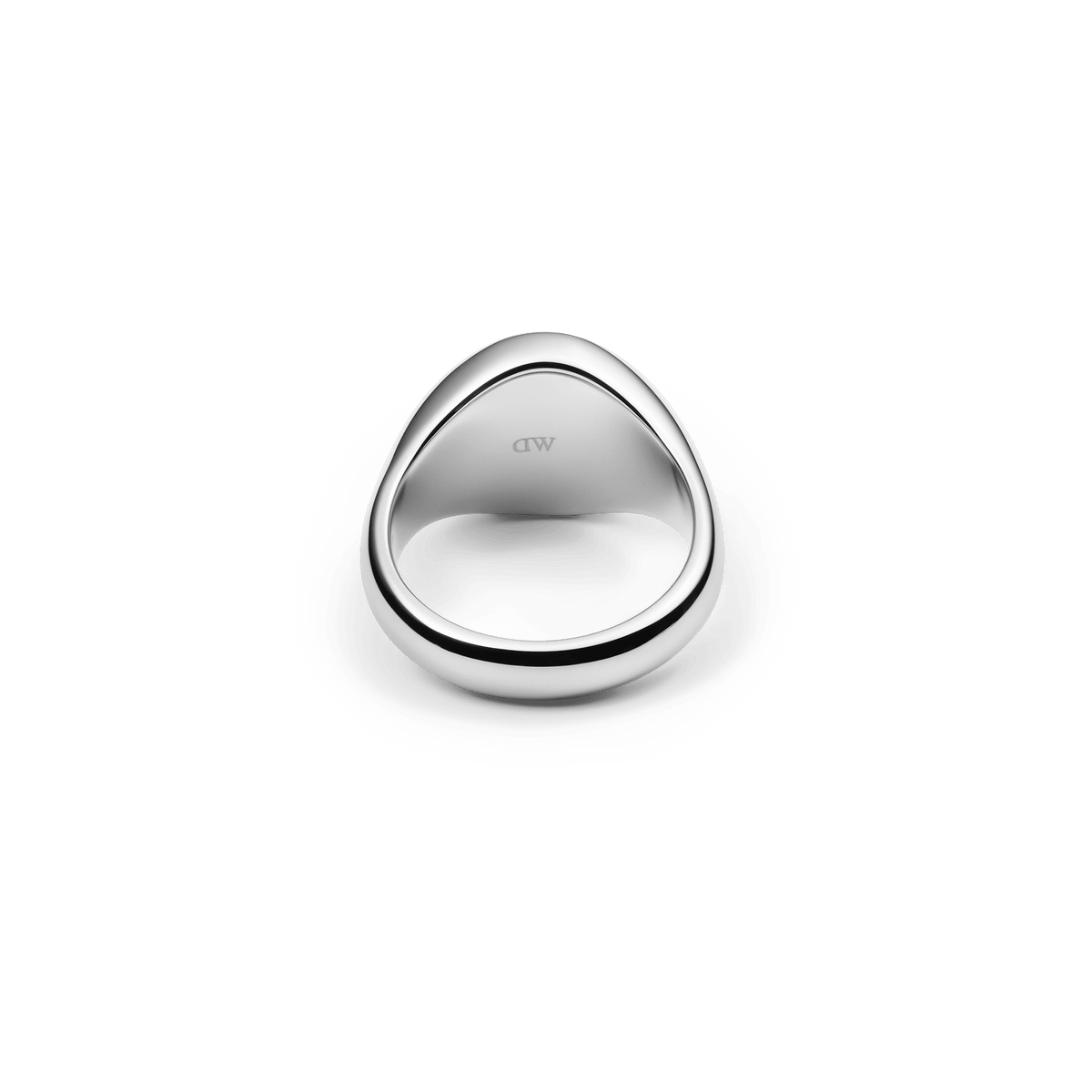 The Classic Signet Ring Silver made of polished stainless steel is shown from below, revealing the subtle engraving on the inside of the ring.