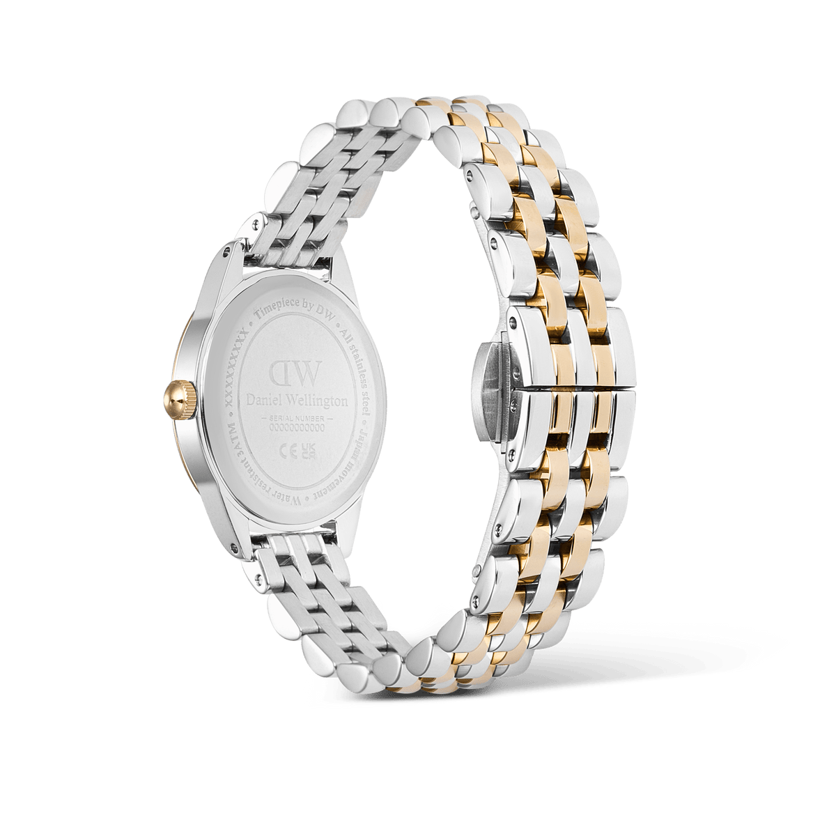 Rear view of the Ophelia Mini Two Tone Gold ladies' watch with polished stainless steel case, gold-coloured crown, and two-tone 5-link bracelet with butterfly folding clasp.